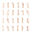 Left hand multiple collection of asian in gestures with white skin isolated on white background