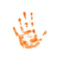 Left hand orange handprint. Paint stains abstract background element. Watercolor illustration isolated on white background. World Royalty Free Stock Photo
