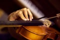 Left hand of a young violinist presses the strings on the violin neck, horizontal Royalty Free Stock Photo