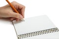 Left-hander writes in a notebook Royalty Free Stock Photo