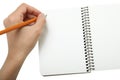 Left-hander writes in a notebook Royalty Free Stock Photo