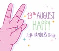 Left handers day, hand showing victory sign cartoon celebration Royalty Free Stock Photo