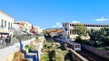 Photo of the electric railway train (STASY) passing through the area of Monastiraki in Athens, Greece. Royalty Free Stock Photo