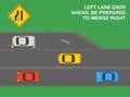 Left lane ends ahead, be prepared to merge right. Road sign meaning. Top view of a traffic flow.
