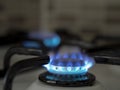Left open oven gas in the home kitchen. close-up blue colored burning gas Royalty Free Stock Photo