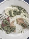 Left overs of mozzarella salad with pesto sauce Royalty Free Stock Photo