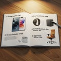 Left page features a Smartphone X1 for 799 and Wireless Earbuds Z for 149 Royalty Free Stock Photo