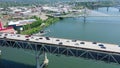 left panning aerial video view of Marquam Bridge with traffic on both decks
