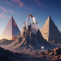 Left, a reflective, glass-like pyramid stands beside a jagged mountain Royalty Free Stock Photo