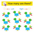 Left or Right. Educational game for kids. Count how many cartoon birds are turned left and how many are turned right Royalty Free Stock Photo