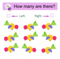 Left or Right. Educational game for kids. Count how many cartoon birds are turned left and how many are turned right Royalty Free Stock Photo