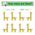 Left or Right. Educational game for kids. Count how many cartoon giraffes are turned left and how many are turned right