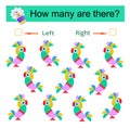 Left or Right. Educational game for kids. Count how many cartoon parrots are turned left and how many are turned right