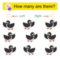 Left or Right. Educational game for kids. Count how many penguins are turned left and how many are turned right
