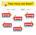 Left or Right. Educational game for kids. Count how many toy locomotives are turned left and how many are turned right