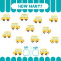 Left or right game for kids. Count school buses. Worksheet for preschool children. How many go to the left and to the Royalty Free Stock Photo