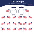 Left or Right Game for Preschool Children with Fourth July theme. Educational printable math worksheet. Additional math for kids. Royalty Free Stock Photo