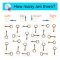 Left or Right. Logic game for kids. Count how many keys are turned left and how many are turned right, also up and down