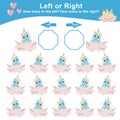 Left or right with cute unicorn sitting on the cloud. Counting worksheet for kids. Math game. Royalty Free Stock Photo