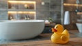 On the left side of the bathroom, a yellow rubber duck floats in the water Royalty Free Stock Photo