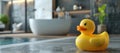 On the left side of the bathroom, a yellow rubber duck floats in the water Royalty Free Stock Photo