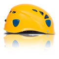 Left side view of orange climbing helmet