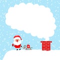 Left Standing Santa Claus With Sleigh On Roof Cloud Of Smoke Snow Blue