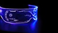 Left view of eyeware goggles colorful neon light, futuristic digital innovation concept, glow in dark background, cyber device, Royalty Free Stock Photo