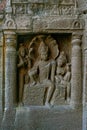 Left wing of faÃÂ§ade showing Nagaraja snake king and his consort nagini. Ajanta Caves, Royalty Free Stock Photo