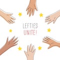 Lefties unite concept banner. August 13, International Left-handers Day celebration. Left hands organised in a circle, help and