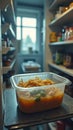 Leftover noodles in refrigerator with open door and shelves Royalty Free Stock Photo