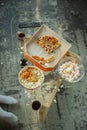 Leftover pizza and popcorn on the table after family spending time together, watching cinema Royalty Free Stock Photo