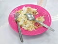 Leftover rice on a plate is food trash can bin, be satisfied food Royalty Free Stock Photo