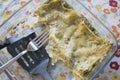 Leftovers of lasagna with pesto sauce