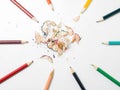 Leftovers from sharpening colored pencils, swarf on white background, copy space Royalty Free Stock Photo