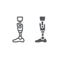 Leg knee prosthesis line and glyph icon, orthopedic and medical, prosthetic leg sign, vector graphics, a linear pattern