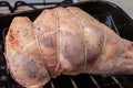 Leg of lamb stuffed and trussed, prepared for roasting Royalty Free Stock Photo