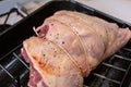 Leg of lamb stuffed and trussed, prepared for roasting Royalty Free Stock Photo