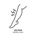 Leg pain line icon. Shin hurts. Symptom of varicose veins vector outline symbol. Editable stroke