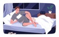 Leg pain, muscle cramp at night. Person awaking in bed with acute ache, numb ankle, foot, joint disorder. Man waking up Royalty Free Stock Photo