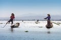 Leg Rowing Fishermen - Inle Lake - Myanmar (Burma) Royalty Free Stock Photo
