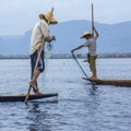 Leg Rowing Fishermen - Inle Lake - Myanmar (Burma) Royalty Free Stock Photo