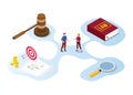 Legal advice consultation concept with people discussion and book with gavel icon with modern isometric style