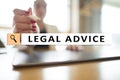 Legal advice ext on virtual screen. Consulting. Attorney at law. lawyer, Business and Finance concept. Royalty Free Stock Photo