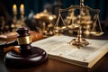 Legal advice figures and a judges hammer displayed on a table