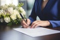 Legal Commitment: Woman Signing Prenup.