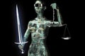 Legal computer judge concept, lady justice isolated on black