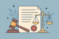 Legal concepts are represented by a gavel, scales of justice, and a document on a light blue background Royalty Free Stock Photo