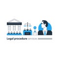 Legal court house trial services icons, lawyer man, advocacy attorney expert