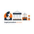 Legal court house trial services icons, lawyer man, advocacy attorney expert